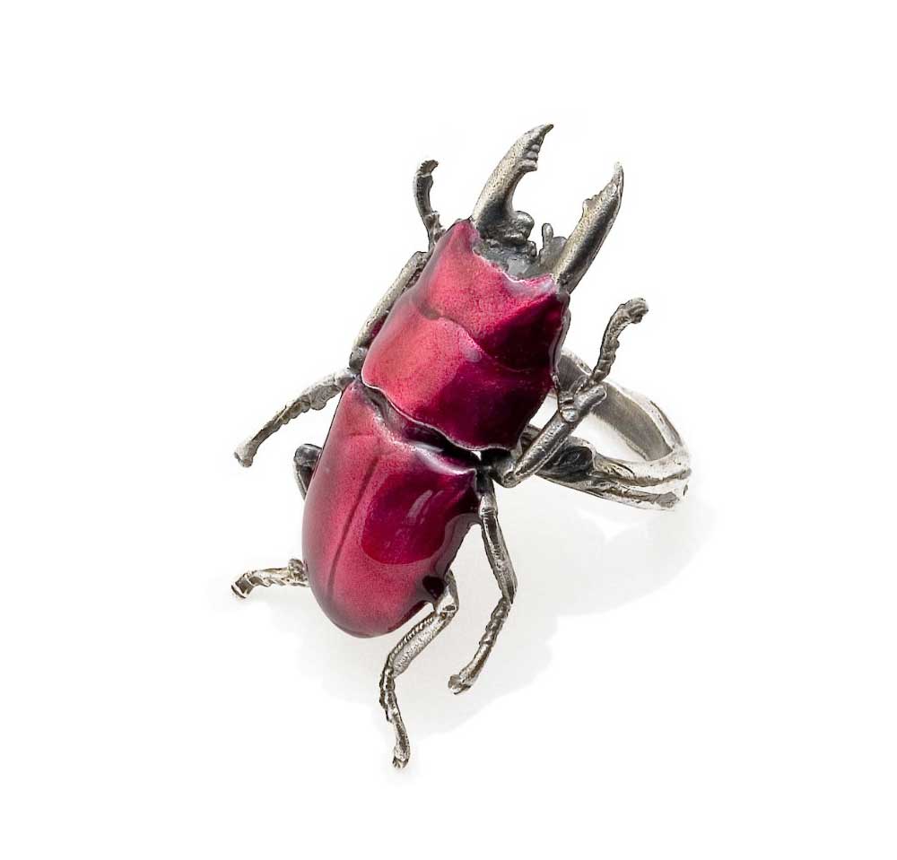 Stag beetle ring in red enamel