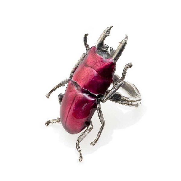 Stag beetle ring in red enamel